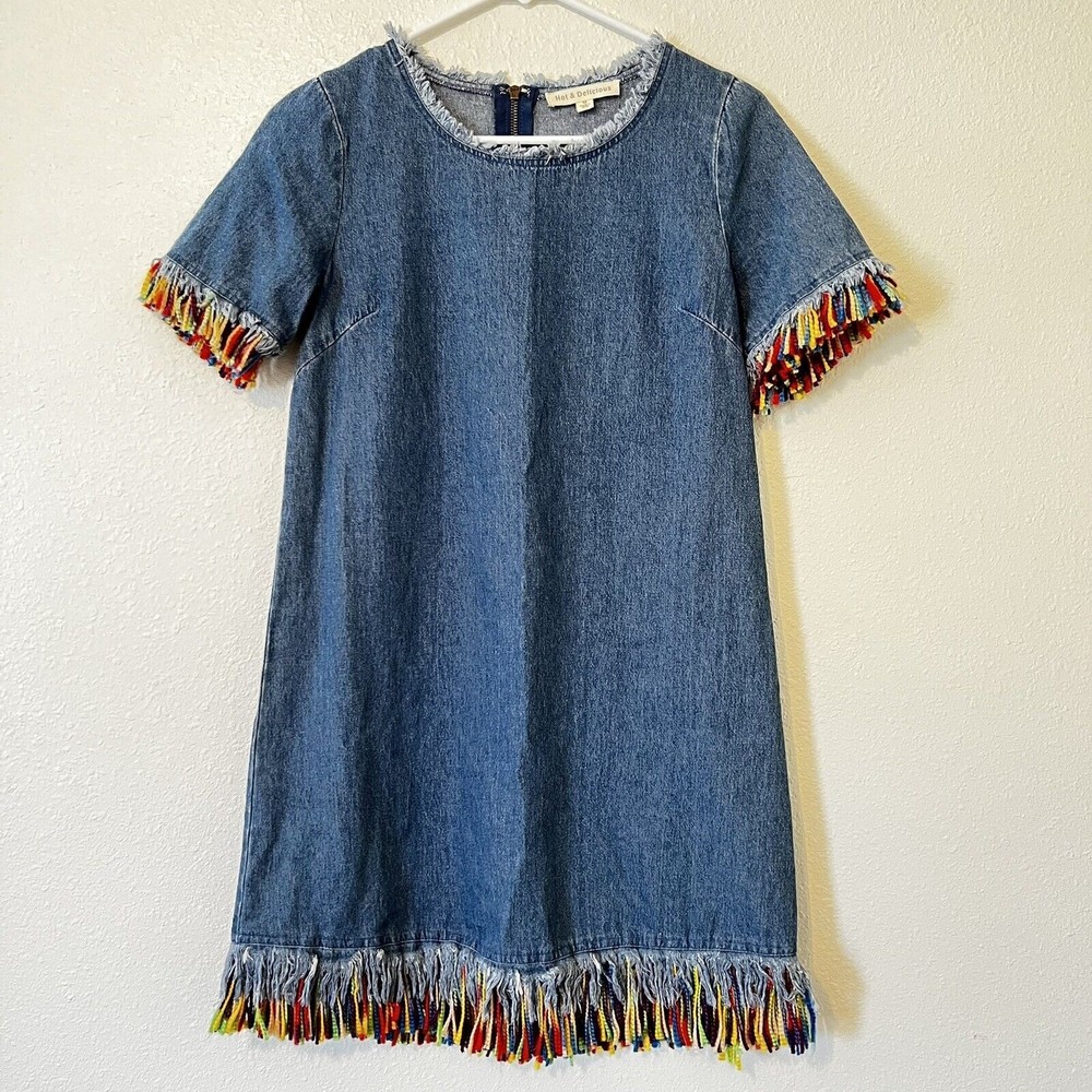 Hot & Delicious Medium Chambray Denim Blue Dress Multicolored Fringe Fiesta